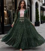 Dark-green georgette free size stitched navratri anarkali suit with laheriya & kutchi patchework
