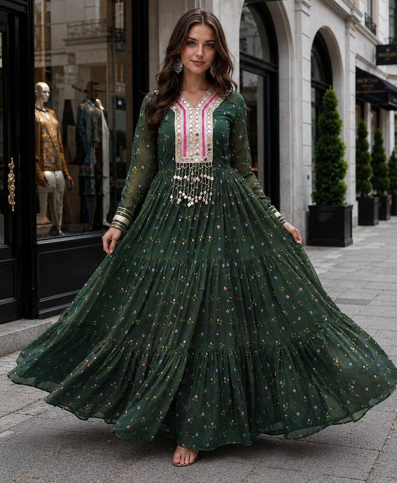 Dark-green georgette free size stitched navratri anarkali suit with laheriya & kutchi patchework