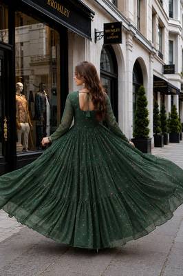Dark-green georgette free size stitched navratri anarkali suit with laheriya & kutchi patchework 2