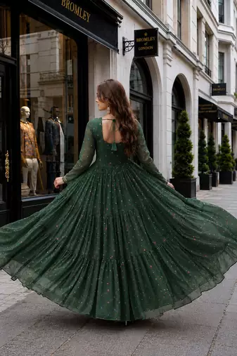 Dark-green georgette free size stitched navratri anarkali suit with laheriya & kutchi patchework