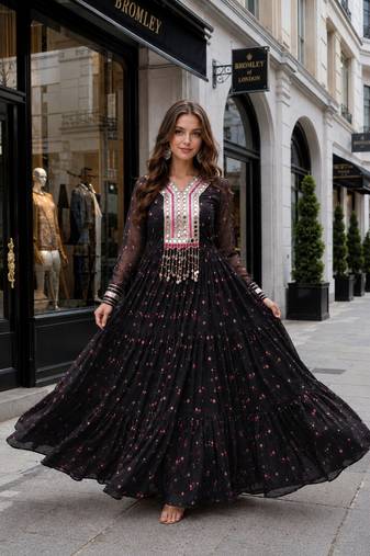 Black georgette free size stitched navratri anarkali suit with laheriya & kutchi patchework