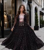 Black georgette free size stitched navratri anarkali suit with laheriya & kutchi patchework
