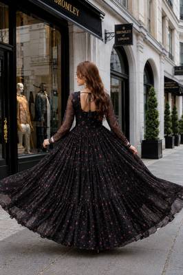 Black georgette free size stitched navratri anarkali suit with laheriya & kutchi patchework 2
