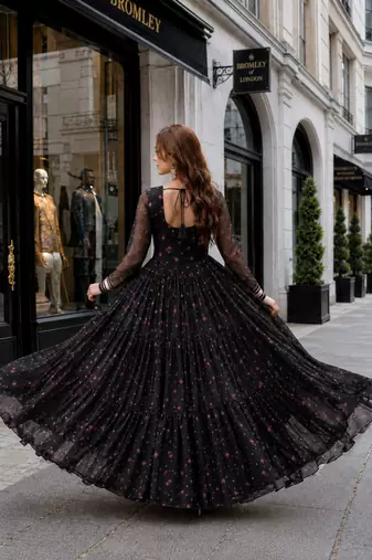 Black georgette free size stitched navratri anarkali suit with laheriya & kutchi patchework