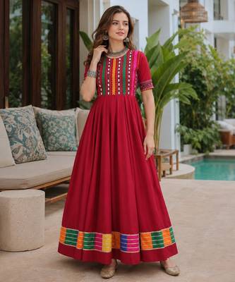 Red roman free size stitched navratri anarkali suit with thread embroidery & mirror work 1