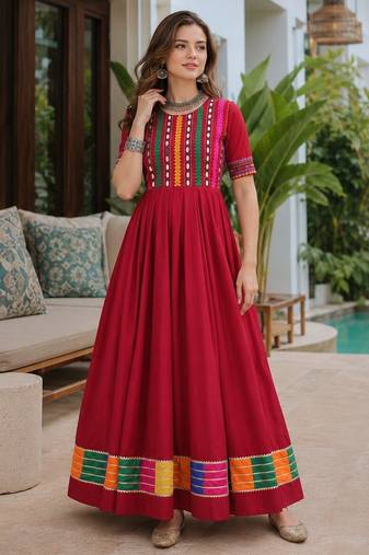 Red roman free size stitched navratri anarkali suit with thread embroidery & mirror work