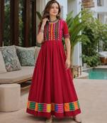 Red roman free size stitched navratri anarkali suit with thread embroidery & mirror work