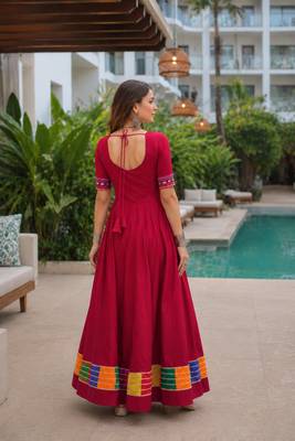 Red roman free size stitched navratri anarkali suit with thread embroidery & mirror work 2