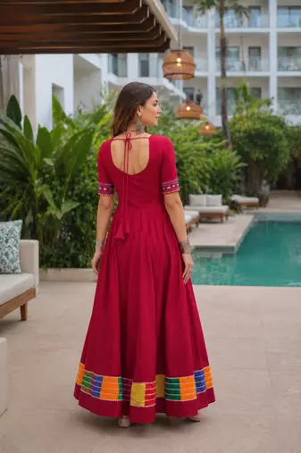 Red roman free size stitched navratri anarkali suit with thread embroidery & mirror work