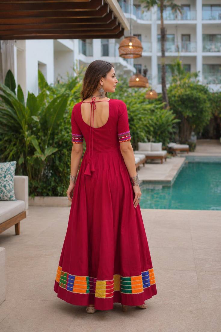 Red roman free size stitched navratri anarkali suit with thread embroidery & mirror work