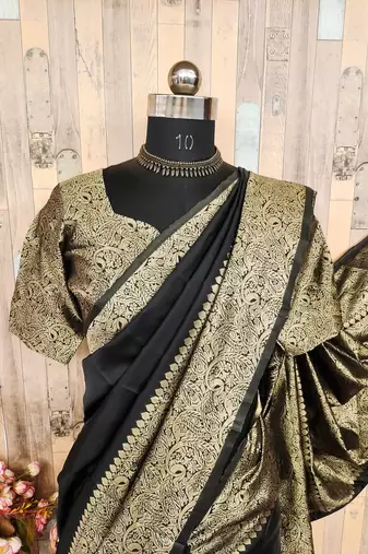 black art silk blend banarasi jacquard work saree with unstitched blouse piece