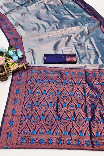 blue rama art silk blend banarasi jacquard work saree with unstitched blouse piece