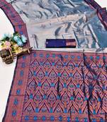 blue rama art silk blend banarasi jacquard work saree with unstitched blouse piece