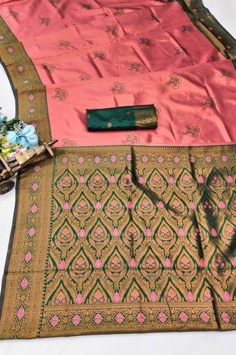 green gajri art silk blend banarasi jacquard work saree with unstitched blouse piece