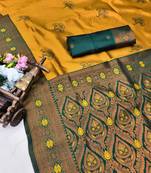 green gold art silk blend banarasi jacquard work saree with unstitched blouse piece