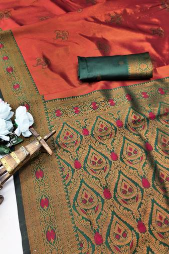 green orange art silk blend banarasi jacquard work saree with unstitched blouse piece