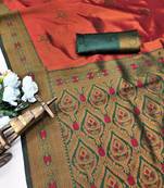 green orange art silk blend banarasi jacquard work saree with unstitched blouse piece