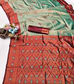 red rama art silk blend banarasi jacquard work saree with unstitched blouse piece