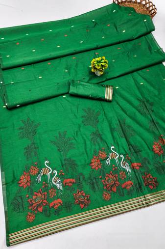 green lillen jacquard work saree with unstitched blouse piece