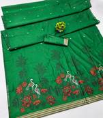 green lillen jacquard work saree with unstitched blouse piece