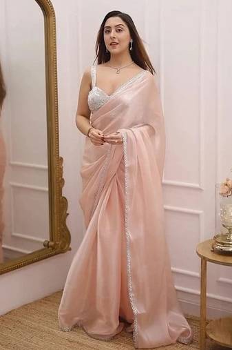 Peach Color Lace Border Silk blend Saree