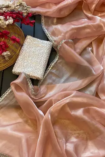 Peach Color Lace Border Silk blend Saree