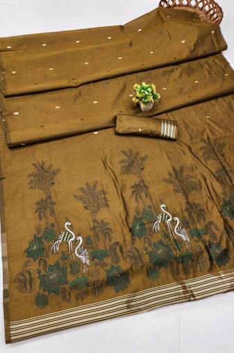 mustard lillen jacquard work saree with unstitched blouse piece