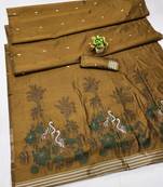 mustard lillen jacquard work saree with unstitched blouse piece