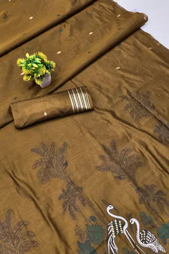 mustard lillen jacquard work saree with unstitched blouse piece