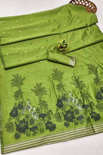 parrot green lillen jacquard work saree with unstitched blouse piece