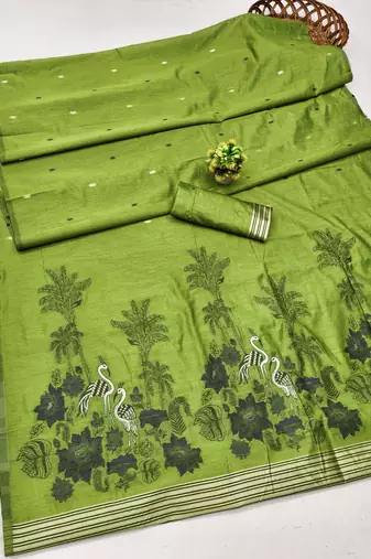 parrot green lillen jacquard work saree with unstitched blouse piece