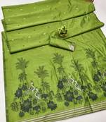 parrot green lillen jacquard work saree with unstitched blouse piece