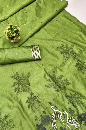 parrot green lillen jacquard work saree with unstitched blouse piece