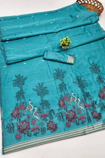 rama lillen jacquard work saree with unstitched blouse piece