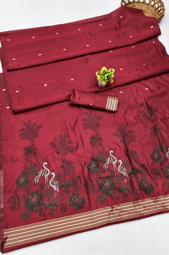 red lillen jacquard work saree with unstitched blouse piece