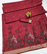 red lillen jacquard work saree with unstitched blouse piece