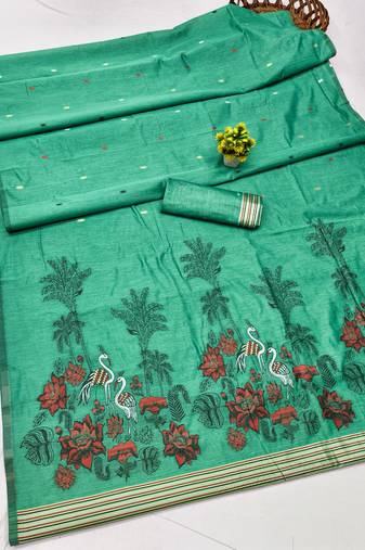 sea green lillen jacquard work saree with unstitched blouse piece