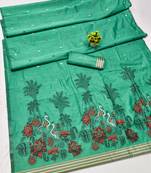 sea green lillen jacquard work saree with unstitched blouse piece