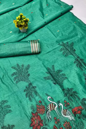 sea green lillen jacquard work saree with unstitched blouse piece