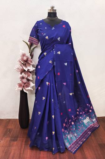 blue linen jacquard work saree with unstitched blouse piece