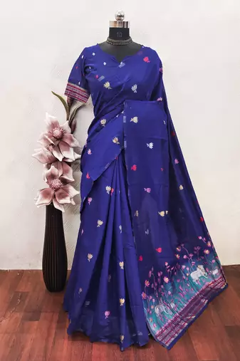 blue linen jacquard work saree with unstitched blouse piece