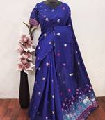 blue linen jacquard work saree with unstitched blouse piece