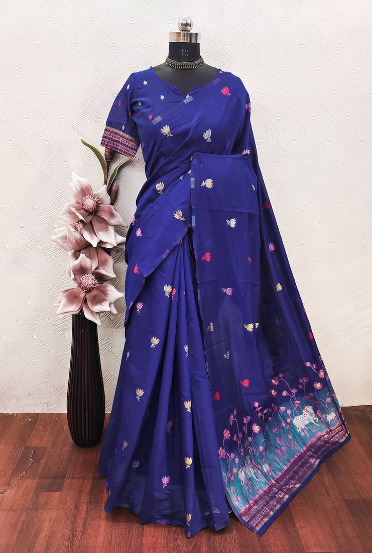 blue linen jacquard work saree with unstitched blouse piece