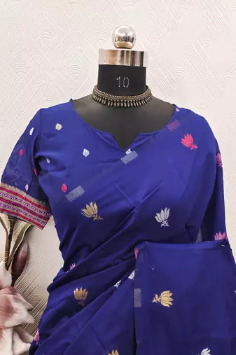 blue linen jacquard work saree with unstitched blouse piece
