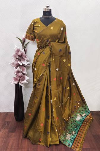mustard linen jacquard work saree with unstitched blouse piece