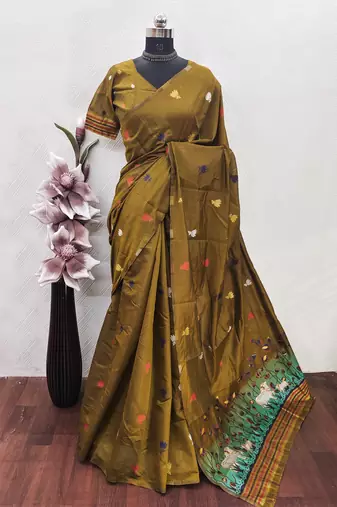 mustard linen jacquard work saree with unstitched blouse piece