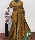 mustard linen jacquard work saree with unstitched blouse piece