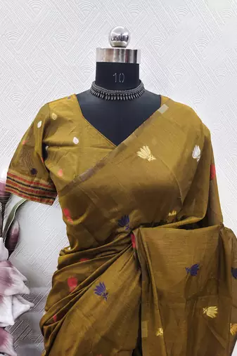 mustard linen jacquard work saree with unstitched blouse piece