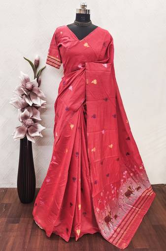 peach linen jacquard work saree with unstitched blouse piece