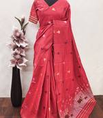 peach linen jacquard work saree with unstitched blouse piece